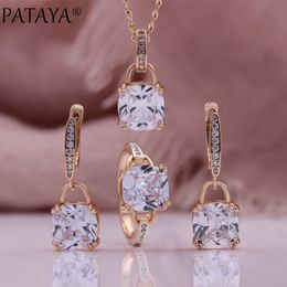 PATAYA Trend Frau Geschenk 585 Rose Gold Farbe Ohrringe Ring Anhänger Halskette Set Quadratischen Weißen Natürlichen Zirkon Mode Schmuck 240115