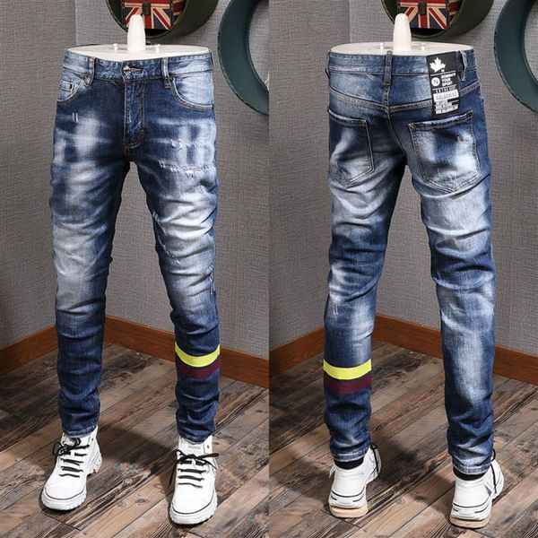 Patch Distressed Light Blue Jeans Cool Guy Fit Yellow Striped Slim Fit Leg Denim Pants Men268z