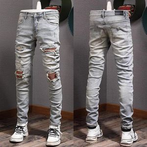 Patch Stretch Jeans Hombre Algodón Cowboy Pantalones Rip Effect Slim Fit Leg Damage Denim211E