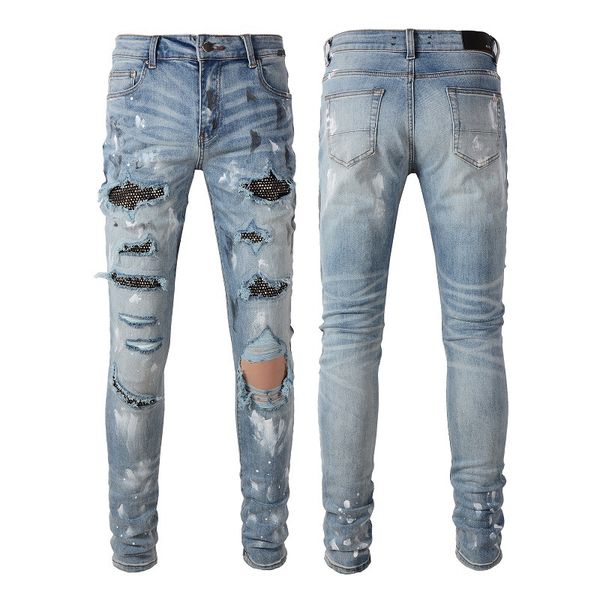 Detalle de parches Biker Denim Jeans hombres Slim motocicleta para hombre Vintage desgastado H99U