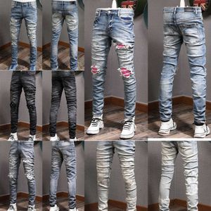 Patchs Detail Biker Fit Jeans Mens Slim Motorcycle pour hommes Pantalons de jean en denim en détresse vintage O3D1