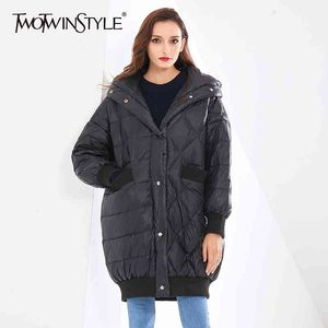 Patchwork Argyle Katoenen Jas voor Vrouwen Hooded Collar Casual Losse Solid Parka Vrouwelijke Mode Kleding Winter 210524