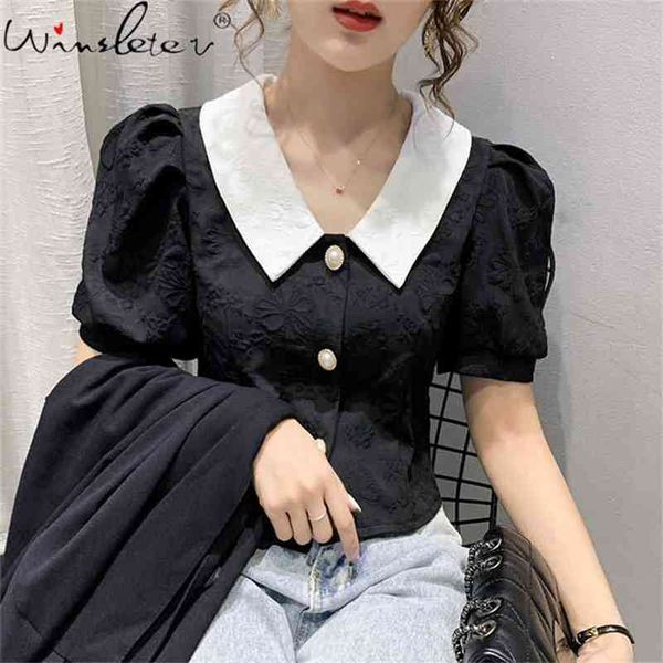 Patchwork negro blanco mujeres camisas Tops verano Puff manga Peter Pan cuello señoras camisa corta blusas T07015B 210401