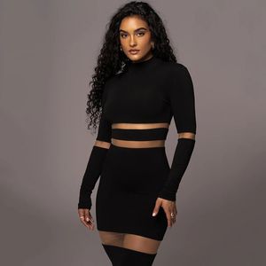 Patchwork Bodycon Sexy Midi Jurk Voor Vrouwen 2023 Herfst Winter Nieuwe Coltrui Lange Mouw Club Party Sexy Jurk Elegant