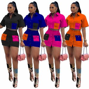 Patchwork -knop MIDI MINI SKIRTS DRAAG SAFARI SHIRT TOP TWEE 2 -delige set 2023 dames straat vracht outfits jurk vrouwen zomer kleding gratis verzending 9819