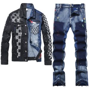 Ensembles de jeans pour hommes de couleur patchwork, impression de 2 pcs, veste en jean à manches longues et jeans micro-scandaux droits, automne au printemps