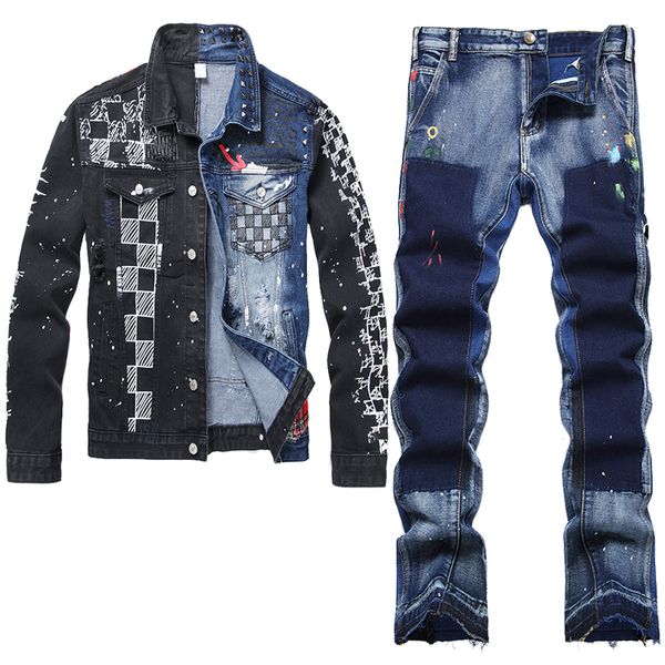 Ensembles de jeans pour hommes de couleur patchwork, impression de 2 pcs, veste en jean à manches longues et jeans micro-scandaux droits, automne au printemps