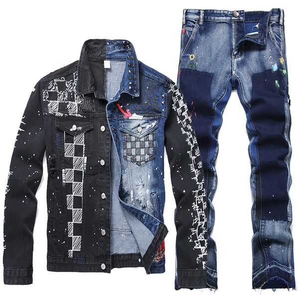 Ensembles pour hommes de couleur patchwork, veste d'impression et jeans 2pcs, veste en jean Rivets, jean micro-scandal droit, automne au printemps