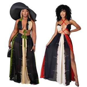 Patchwork Contraste Couleur Boho Femmes Sexy Halter Bandage Dos Nu Sans Manches Robe De Plage Élégant Split Party Club Maxi Robes 211116