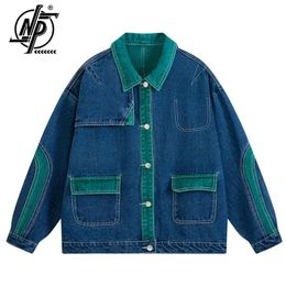 Patchwork Denim Chaqueta Hombres Mujeres Línea Diseño Turndown Collar Suelto Casual Vintage Abrigo Unisex Varsity Bomber Outwear Otoño 240202