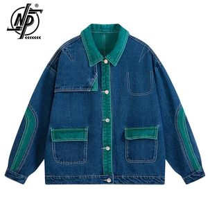 Patchwork Denim Veste Hommes Femmes Ligne Conception Col Rabattu Lâche Casual Vintage Manteau Unisexe Varsity Bomber Outwear Automne 240112