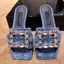 Denim jeans met patchwork Versierd met kristallen Slippers Slippers Muiltjes Sandalen Platte hakken Vierkante open teen Luxe damesontwerpers Casual modeschoenen Fabrieksschoenen