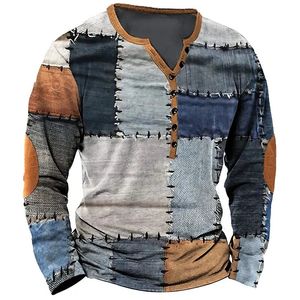 Patchwork Denim Vintage T-shirt Voor Mannen Patchwork Raster Grafische T-shirts 3D Afdrukken Korte Mouw Tee Oversized Man Kleding Top 240124