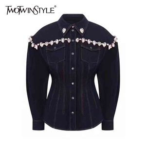 Patchwork Diamond Denim Jacket voor Dames Revers Lange Mouw Casual Jassen Vrouwelijke Mode Kleding 210524