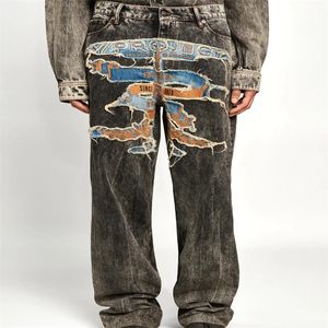 Pantalon de broderie patchwork jeans hommes femmes tissu lourd unisexe lavé joggers pantalon