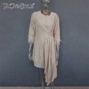 Patchwork veren jurken voor vrouwen half mouw hoge taille asymmetrische zoom herfst mode kleding 210520