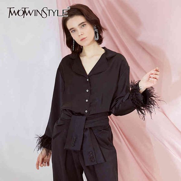 Patchwork plumes hauts femme noir Blouses femmes chemise col en V Flare manches Slim Blouse élégant vêtements mode 210524