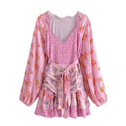Patchwork Floral Print mini -jurk voor vrouwelijke asymmetrische gegolfde sexy feestjurk puff mouw boho strand zomerjurk ontwerper 918