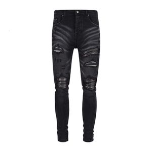 Jeans en cuir Fogamiri Patchwork, pantalon Black Ripped American High Street, Slim Fit Long Pantalon Slp Jeans