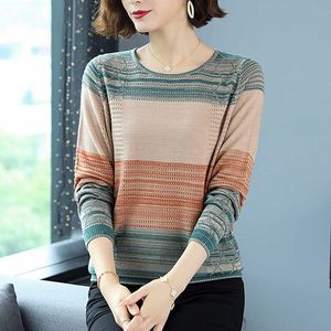 Patchwork Gebreide lange mouwen Tops Dames Spring Contrast Kleur Holle Sweaters Casual O-hals Knitwear Pullovers Vrouw 211014