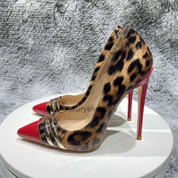 Patchwork estampado de leopardo zapato de mujer brillante marca de lujo tacones finos nuevos zapatos de tacón alto con punta puntiaguda para vestido de fiesta bomba evento sexo fondo rojo loubutin''christians Y1YY