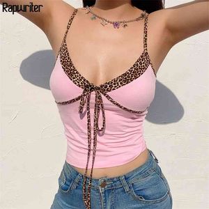 Patchwork Leopard Summer Spaghetti Strap Tank Top Topdas Up Pink Sweat Crop Women Tees V-hals Cami Sexy Kleding 210510