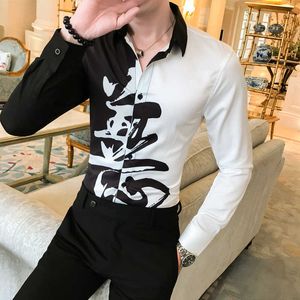 Patchwork Mens Jurk Shirts Lange Mouw Casual Slim Fit Sociaal Shirt Chinese Stijl Streetwear Night Club Party Top Blouse Homme 210527