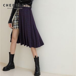 Patchwork Plaid asymétrique jupes femmes automne taille haute longue jupe mi-longue bleu violet mode vêtements 210427