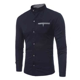 Patchwork Plaid Mandarin Collar Dress Shirt Men 2022 Slim Fit à manches longues pour hommes Work Business Casual Social Chemise Homme L220704