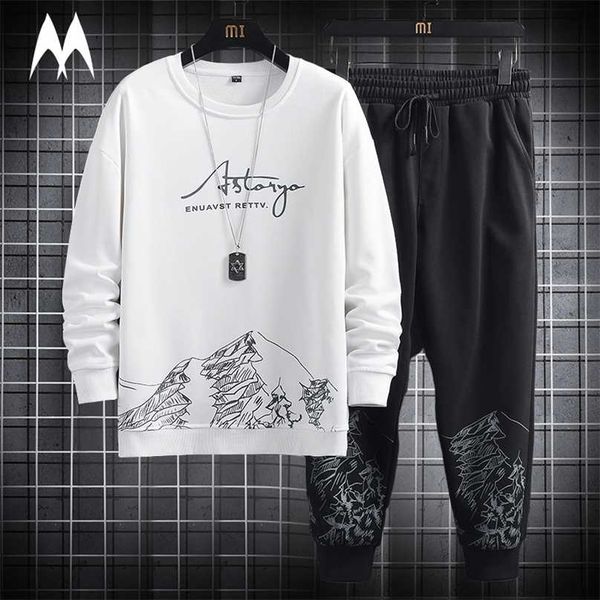 Patchwork Print Men Set Harajuku Sportswear 2 piezas Traje Sudaderas + Pantalones Conjuntos de moda Hombre Otoño Casual Running Chándal 211109