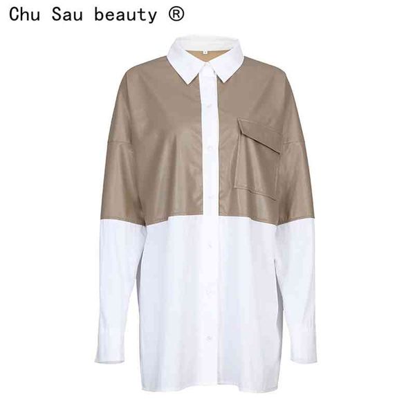 Patchwork PU Blusa de cuero Mujeres suelta bolsillo algodón blanco camisa larga femenina blusas y tops casuales 210508