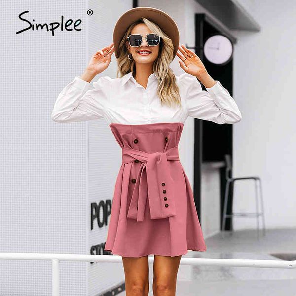 Patchwork puff manga camisa mujer elegante botón faja cinturón oficina vestidos otoño damas caqui trabajo vestido 210414