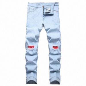 Patchwork déchiré Jeans pour hommes Slim Fi Hip Hop mâle Stretch pantalon trou peinture Dot pantalon Denim décontracté Streetwear 69vM #