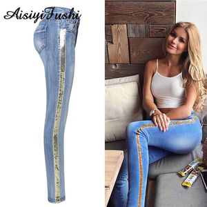 Patchwork Skinny Lovertjes Jeans met Strepen voor Dames Denim Trouser Jeans Vrouwelijke Stretch Potlood Broek Side Striped Blue Jeans MX190712