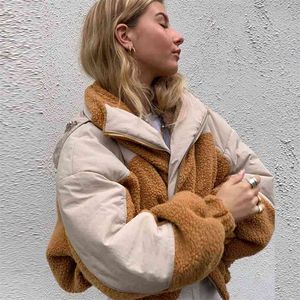 Patchwork Soft Teddy Faux Furry Manteau Hiver Femmes Parka Mode Zipper Col Roulé À Manches Longues Garder Au Chaud Automne Vestes Top 210510