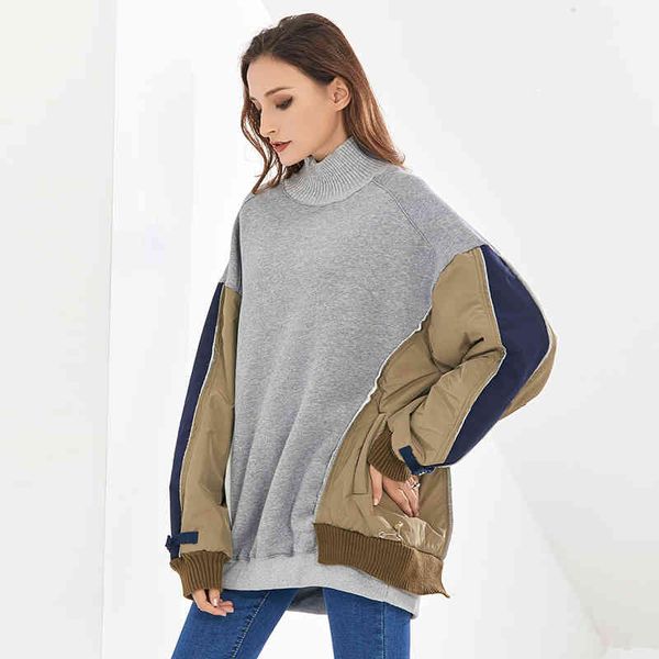 Patchwork Sweat Pour Femmes Col Roulé Chauve-Souris À Manches Longues Hit Couleur Pulls Sweats Femme Vêtements 210524