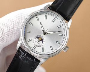 Pate heren volledig automatisch horloge, maanfase horloge, wijzerplaat van 40 mm, lederen band, hoogwaardig horloge