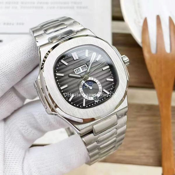 Patekp montre de luxe pour homme avec mouvement mécanique automatique 324 5726 montres sportives élégantes cadran gris foncé boîtier en acier inoxydable affichage de la phase de lune bracelet 42 mm
