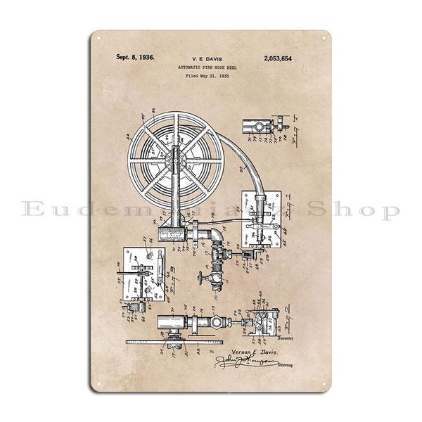 Patent Art Davis 1935 tuyau de feu automatique Reel Metal Sign Garage Garage Wall Decor Plaques Plaques Sign Poster