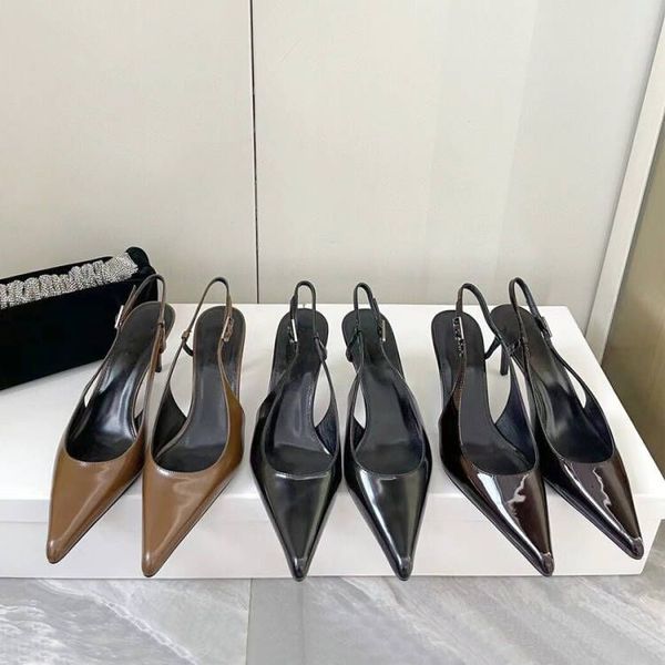 Correa con hebilla de charol, sandalias con punta en punta, tacón de gato, Slingback, Sandalias de tacón de gatito, zapatos de tacón de 6,5 cm, Zapatos de vestir, Zapatos de diseño de lujo, Zapatos de oficina, Caja de fábrica