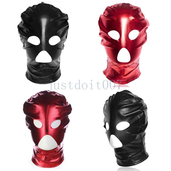 Masque complet à capuche en cuir verni pour Bondage, bouche ouverte, Costume de fête en Club, jouets Sexy # R34