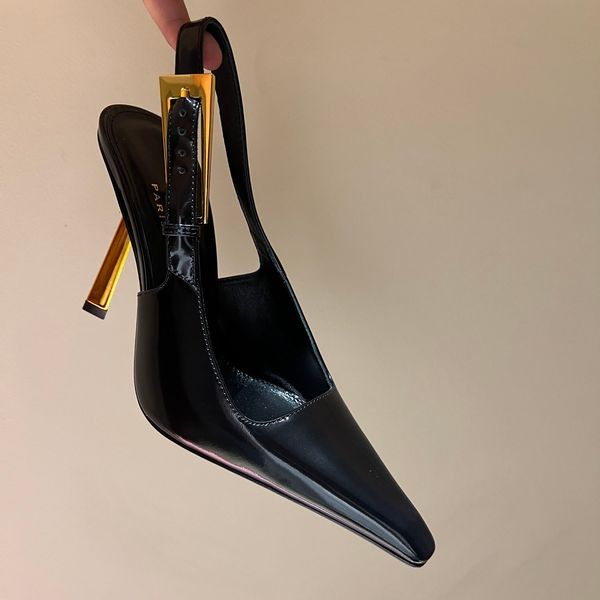 Zapatos de charol Slingback Bombas con hebilla de metal en tono dorado Tacones de aguja Slip-on Moda para mujer Tacón alto Diseñadores de lujo Zapatos de fiesta por la noche Calzado de fábrica