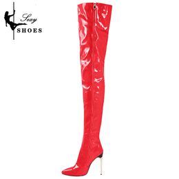 Cuir breveté mince 157 talons à talons hauts sur le genou des bottes féminines de grande taille Stiletto Shoes stripper sexy botas mujer 230807 457