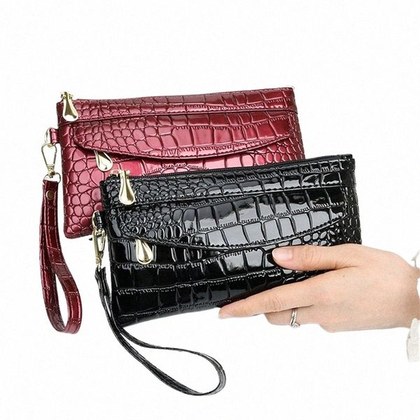 billeteras para mujeres de cuero de patente en barbecho lg damas doble zuter billet de billetera diseño de bolsas de embrague rojo bolsos de cocodrilo f6px#