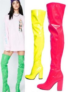 Femmes brevetées brillant en cuir d'orteil rond sur le genou épais vert jaune rouge zipper-up bottes à talon élevé 5 5
