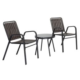 Patio bistro tafel set (2 stks stoel + 1 stcs coffe tafel), buitenmeubels ingesteld met 2 stapelbare patio eetstoelen en glazen tafel voor tuinbalkon veranda, zwart en koffie