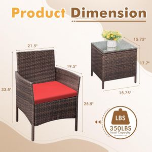 Ensemble de meubles de patio 3 PCS chaises de rotin tout temps extérieur avec table de verre trempée, robuste et durable (plusieurs couleurs)