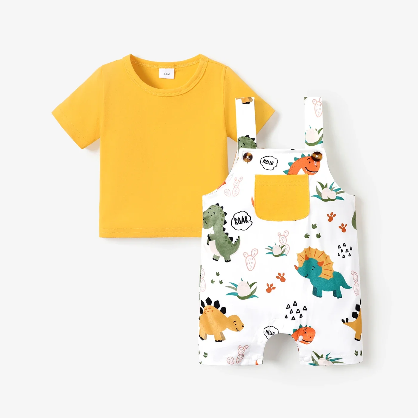 PatPat 2pcs Baby Boy Short-sleeve Solid Tee and Allover Dinosaur Print Overall Romper Set Soft and Comfortable