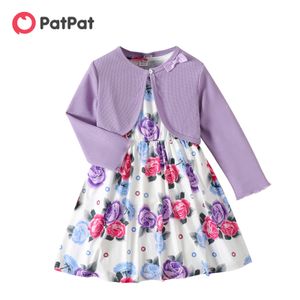 PatPat 2pcs Kid Girl Floral Print Sleeveless Dress et Long-sleeve Purple Bowknot Design Cardigan Set