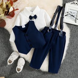 PatPat 3 stuks babyjongen feestoutfits heren vlinderdas shirt met lange mouwen en effen vest met jarretelbroek set 240325